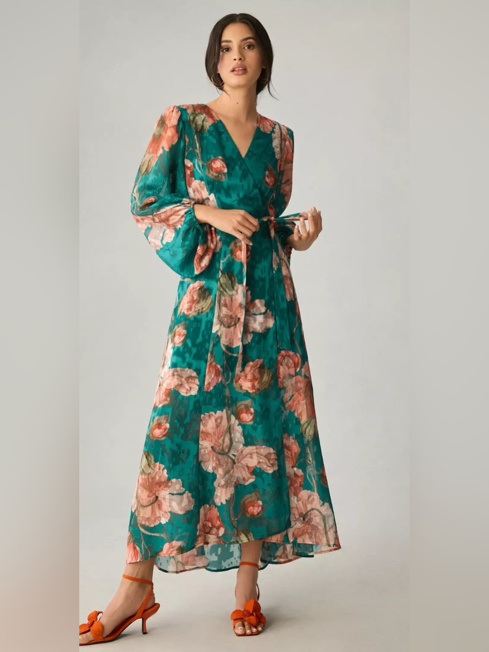 HUTCH Anthropologie Floral Wrap Belted Textured Long Sleeve Maxi Dress Small